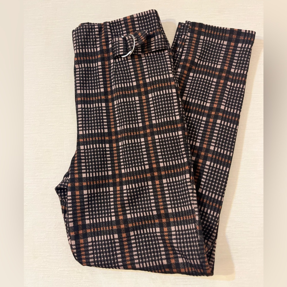 Plaid Pants - Women’s Medium Brown Black - Elastic Waist